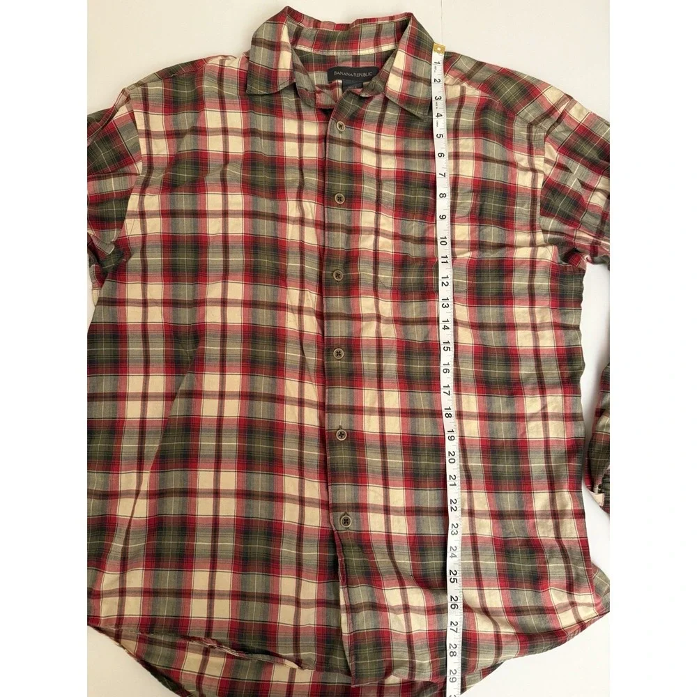 Banana Republic Men Large Shirt Plaid Button Down Cotton Red Green Beige Country